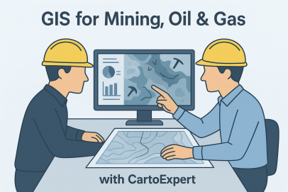 Illustration SIG pour les secteurs minier, pétrolier et gazier, montrant deux experts analysant des données géospatiales avec CartoExpert.