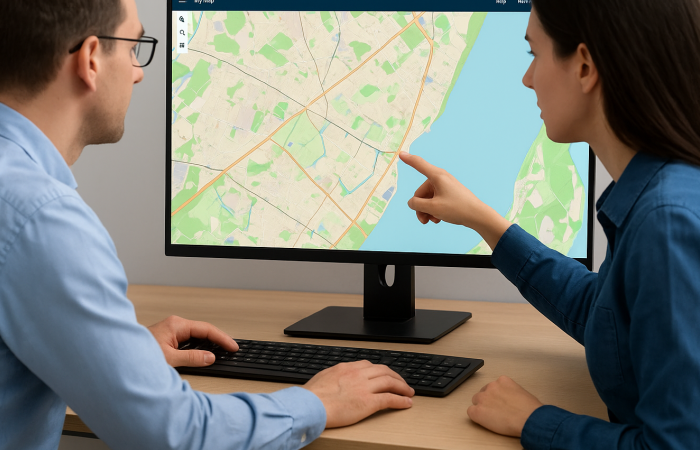 Exemple de solution SIG web interactive déployée par CartoExpert, intégrant cartes dynamiques, couches d’information et outils collaboratifs pour ArcGIS et QGIS.